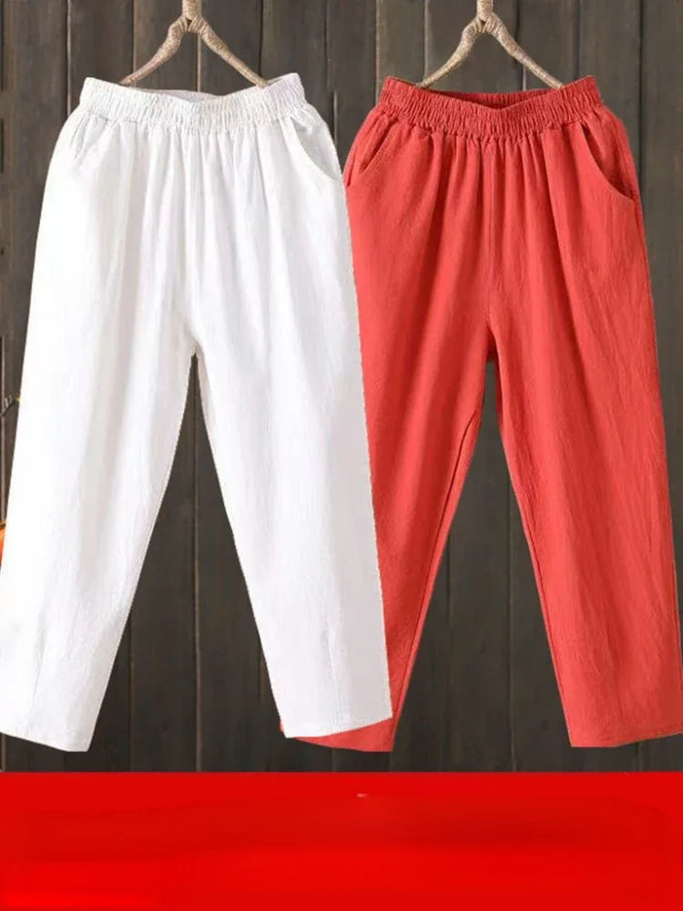 Woman Pants Casual Cotton Linen LOOSE Solid Ankle-Length Pants Elastic Waist
