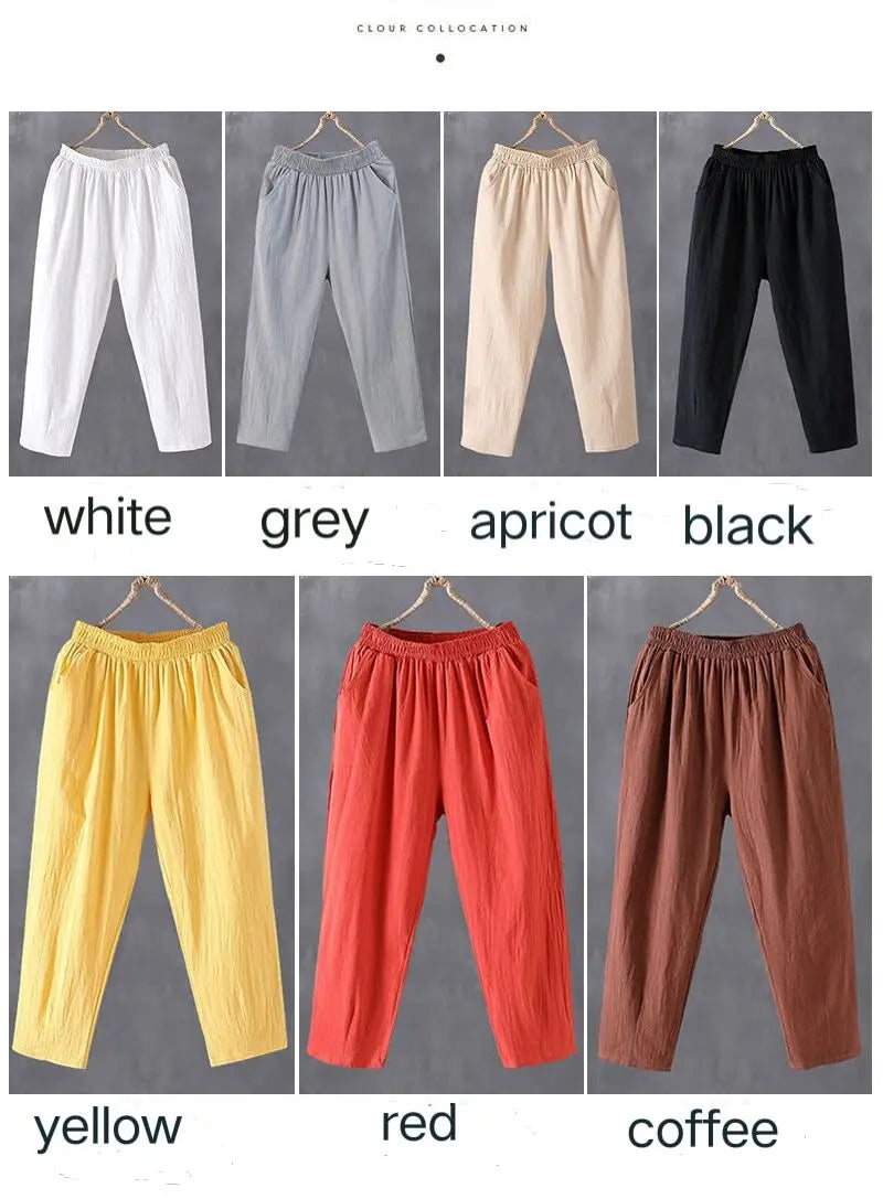 Woman Pants Casual Cotton Linen LOOSE Solid Ankle-Length Pants Elastic Waist