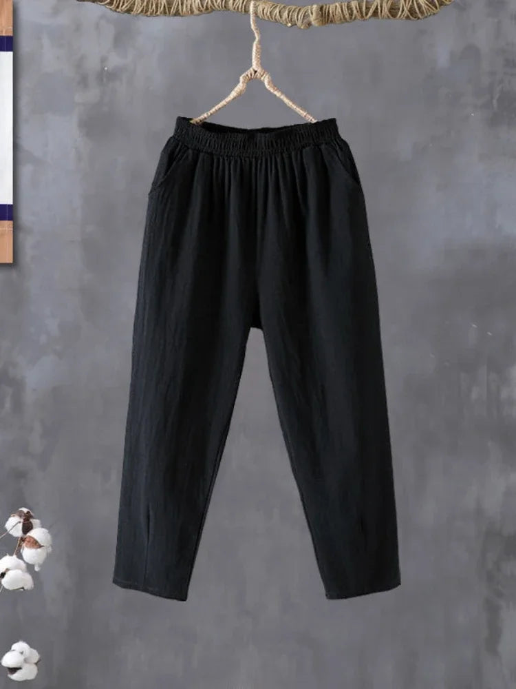 Woman Pants Casual Cotton Linen LOOSE Solid Ankle-Length Pants Elastic Waist
