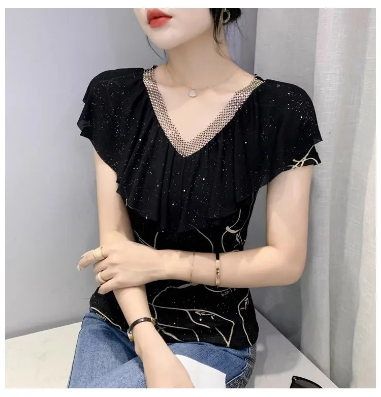 Women's T-Shirt Chic Luxury Mesh Tops