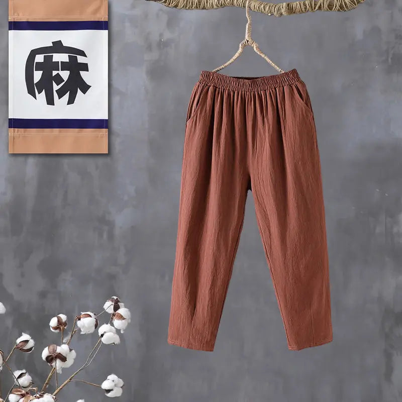 Woman Pants Casual Cotton Linen LOOSE Solid Ankle-Length Pants Elastic Waist