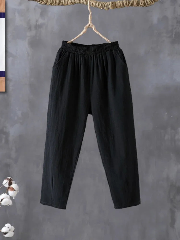 Woman Pants Casual Cotton Linen LOOSE Solid Ankle-Length Pants Elastic Waist