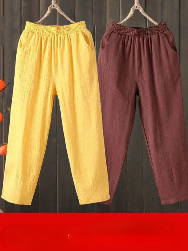 Woman Pants Casual Cotton Linen LOOSE Solid Ankle-Length Pants Elastic Waist