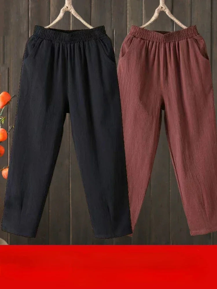 Woman Pants Casual Cotton Linen LOOSE Solid Ankle-Length Pants Elastic Waist