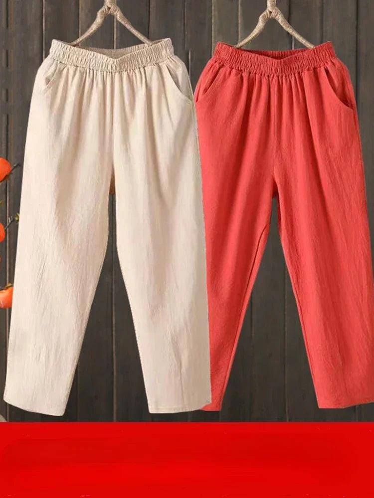 Woman Pants Casual Cotton Linen LOOSE Solid Ankle-Length Pants Elastic Waist