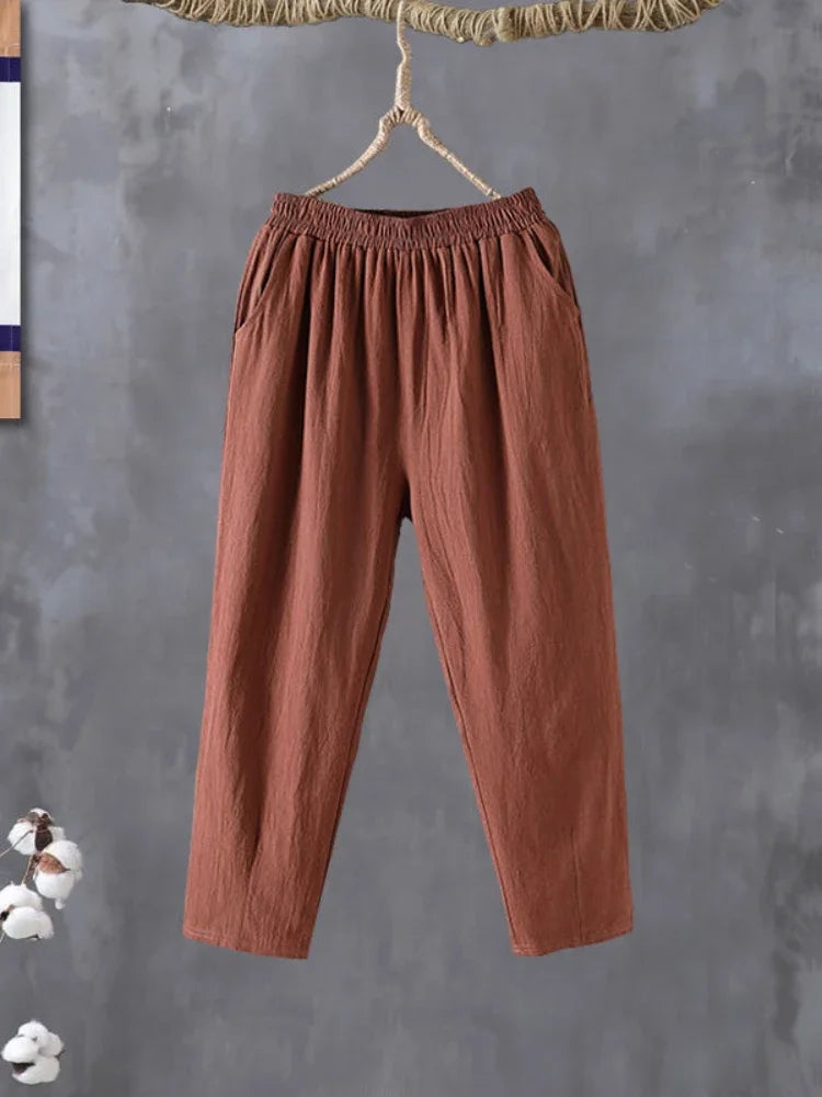 Woman Pants Casual Cotton Linen LOOSE Solid Ankle-Length Pants Elastic Waist