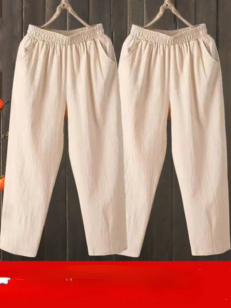 Woman Pants Casual Cotton Linen LOOSE Solid Ankle-Length Pants Elastic Waist
