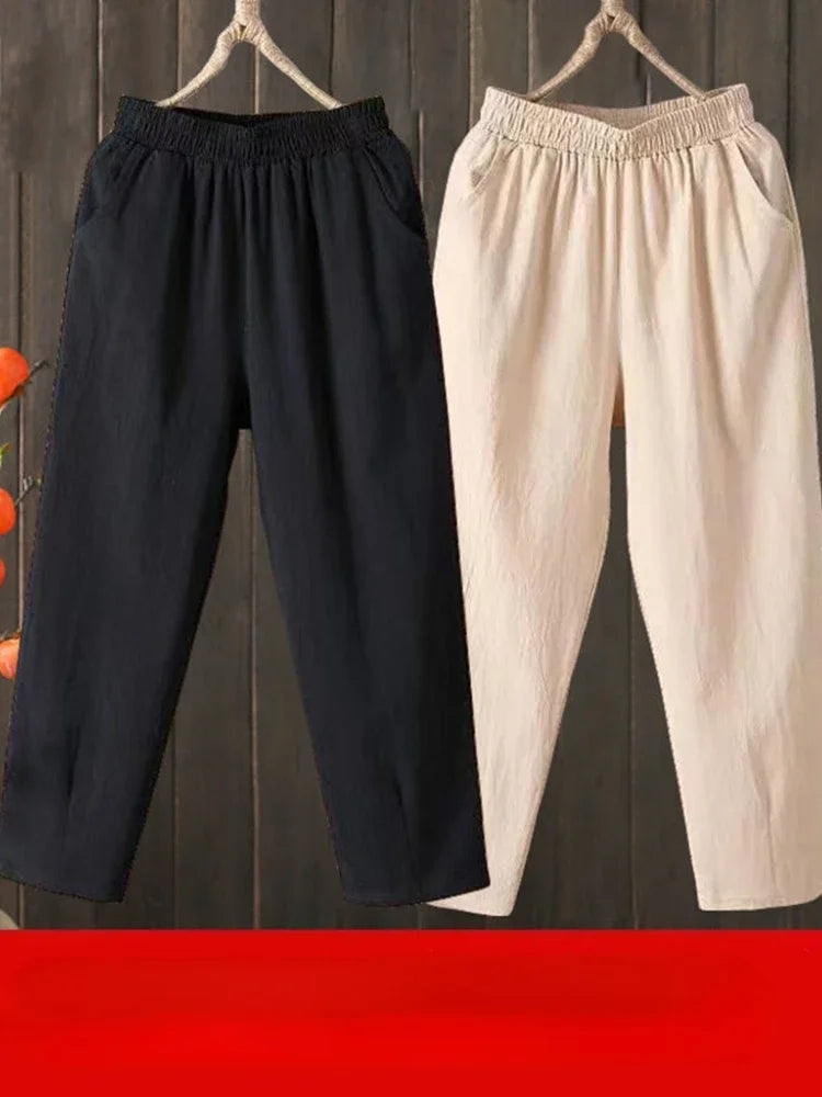 Woman Pants Casual Cotton Linen LOOSE Solid Ankle-Length Pants Elastic Waist