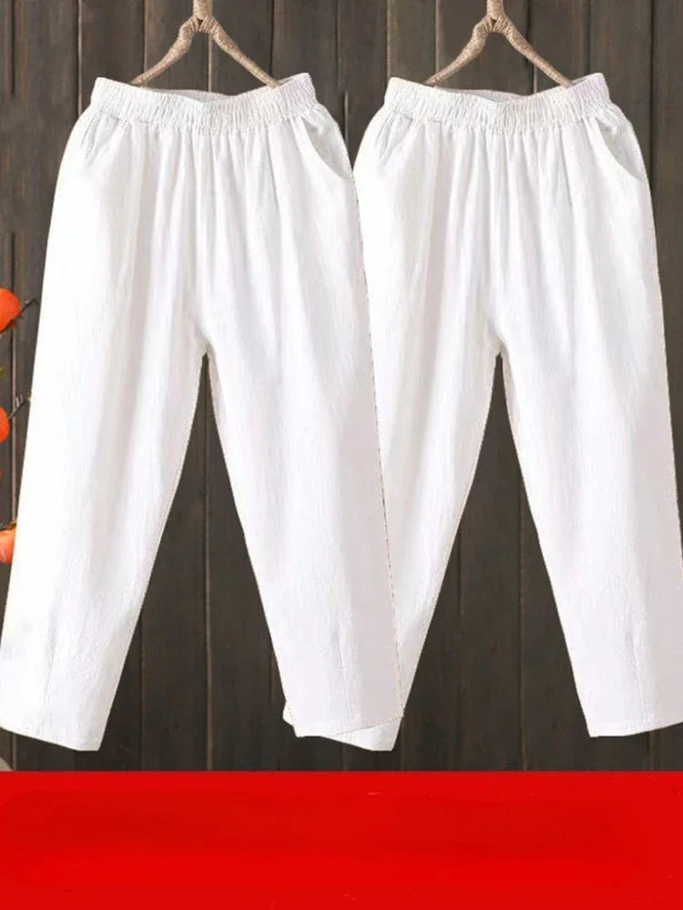Woman Pants Casual Cotton Linen LOOSE Solid Ankle-Length Pants Elastic Waist