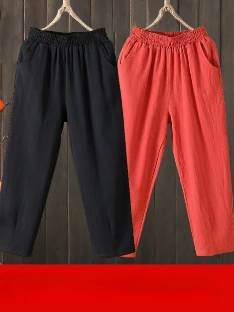 Woman Pants Casual Cotton Linen LOOSE Solid Ankle-Length Pants Elastic Waist