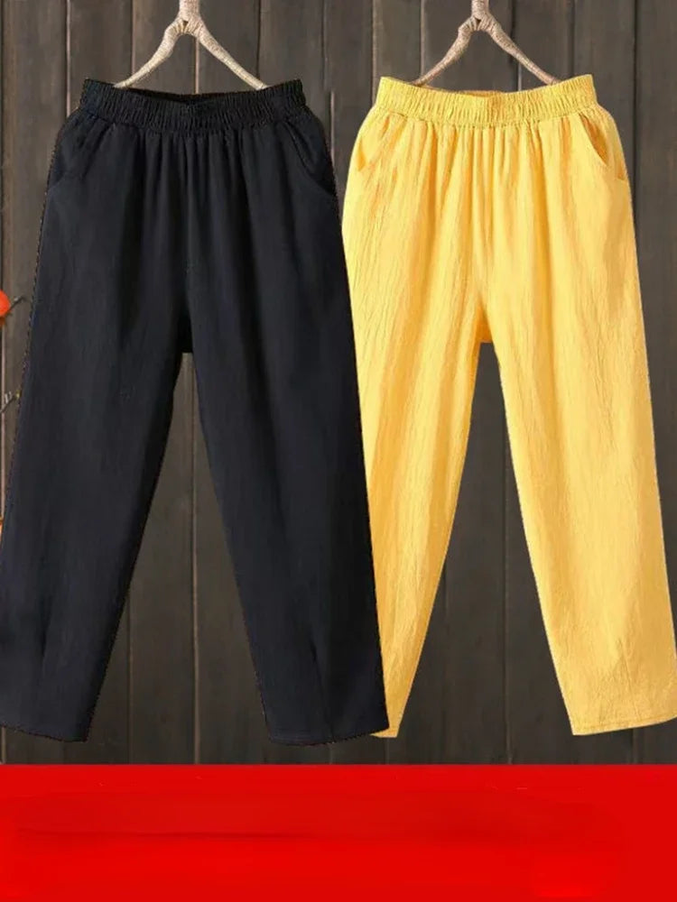 Woman Pants Casual Cotton Linen LOOSE Solid Ankle-Length Pants Elastic Waist