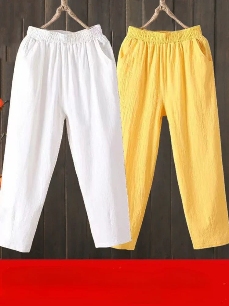 Woman Pants Casual Cotton Linen LOOSE Solid Ankle-Length Pants Elastic Waist