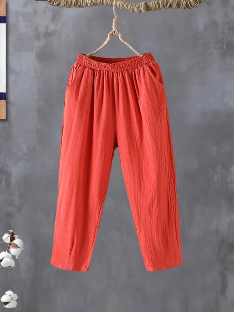 Woman Pants Casual Cotton Linen LOOSE Solid Ankle-Length Pants Elastic Waist