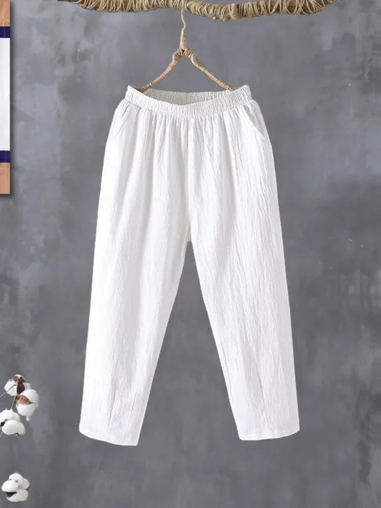 Woman Pants Casual Cotton Linen LOOSE Solid Ankle-Length Pants Elastic Waist