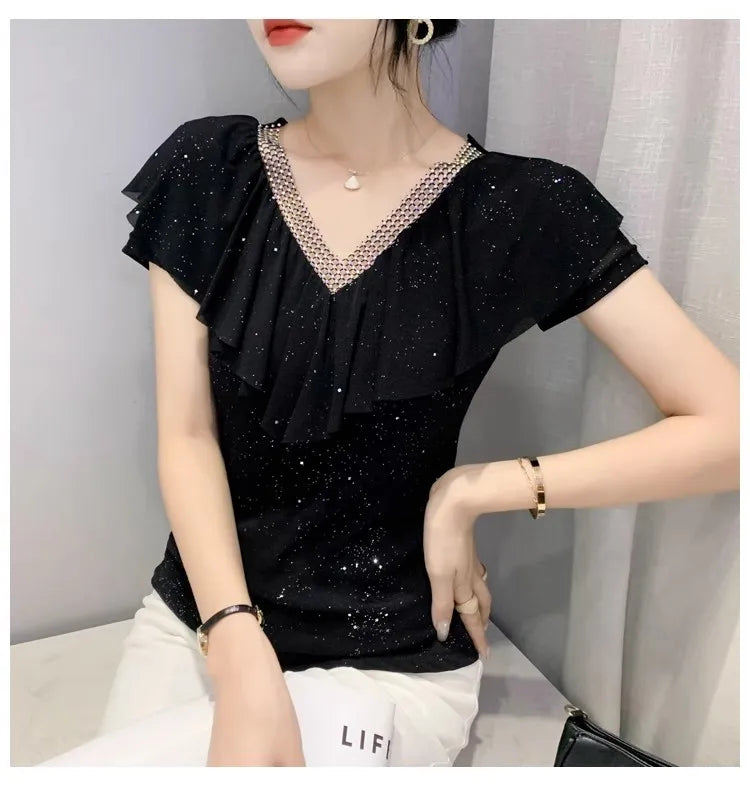 Women's T-Shirt Chic Luxury Mesh Tops