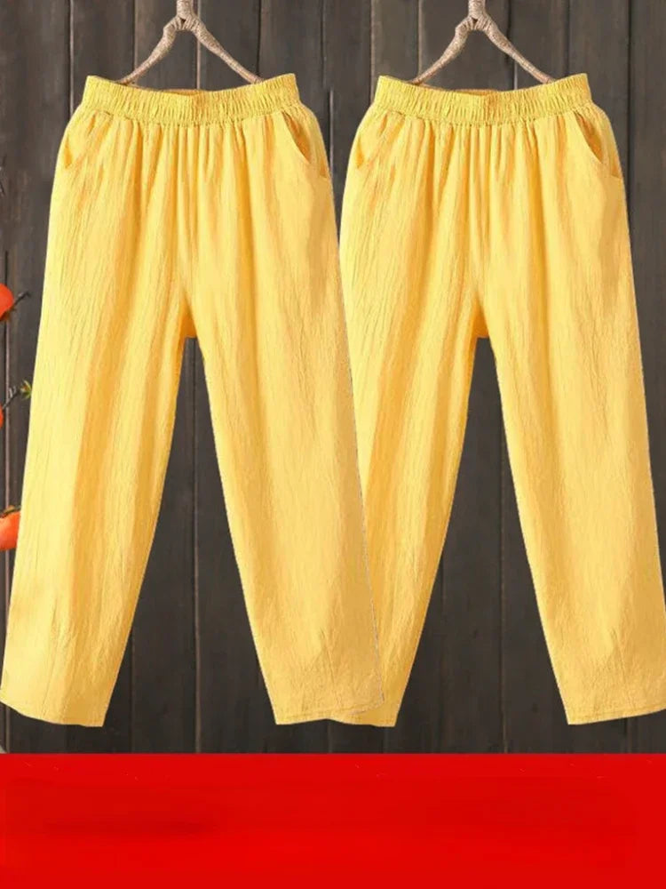 Woman Pants Casual Cotton Linen LOOSE Solid Ankle-Length Pants Elastic Waist