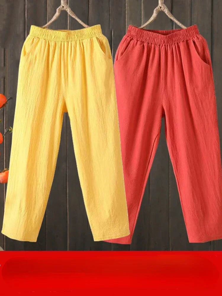 Woman Pants Casual Cotton Linen LOOSE Solid Ankle-Length Pants Elastic Waist