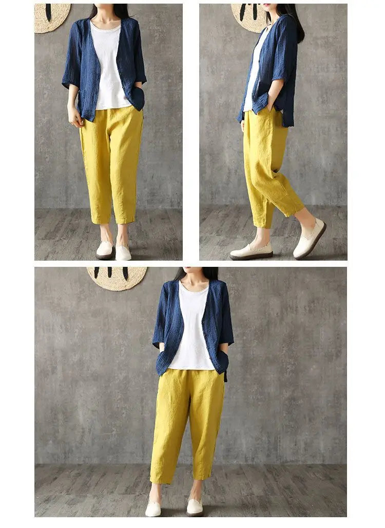 Woman Pants Casual Cotton Linen LOOSE Solid Ankle-Length Pants Elastic Waist