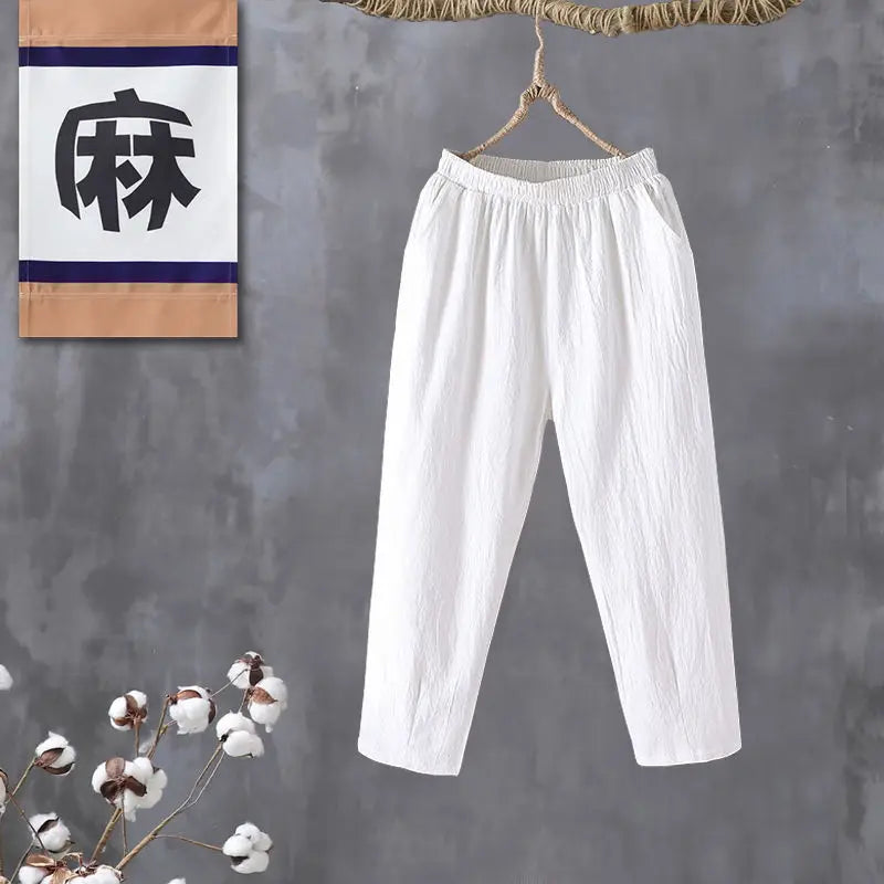 Woman Pants Casual Cotton Linen LOOSE Solid Ankle-Length Pants Elastic Waist