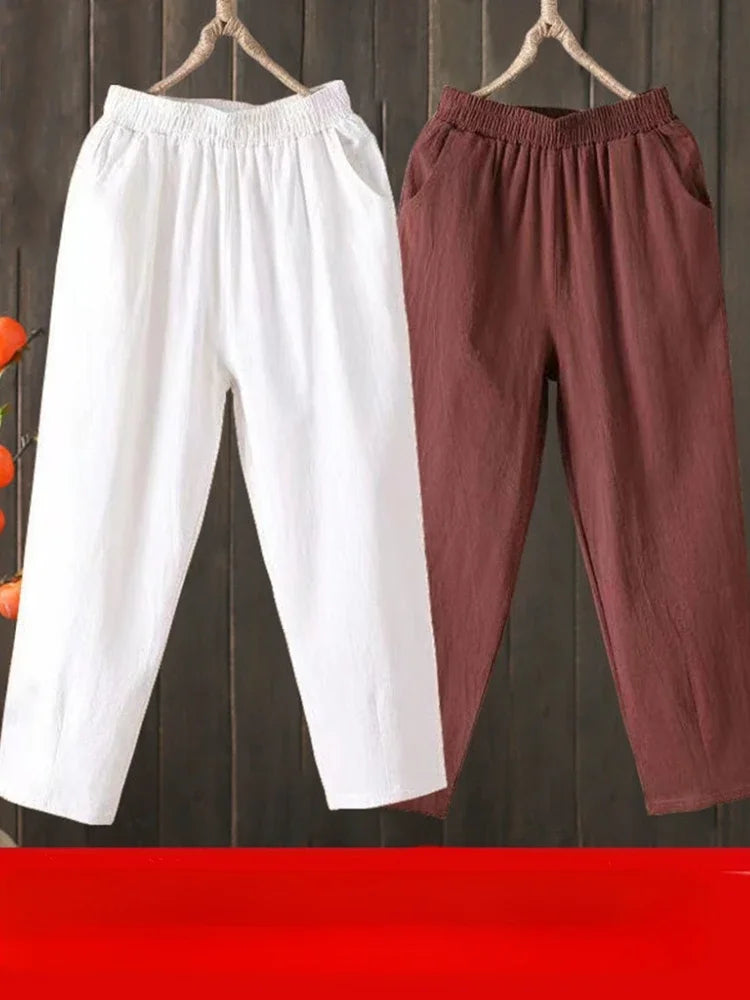 Woman Pants Casual Cotton Linen LOOSE Solid Ankle-Length Pants Elastic Waist