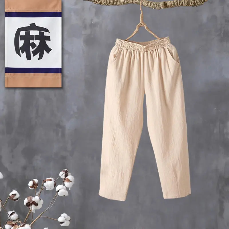 Woman Pants Casual Cotton Linen LOOSE Solid Ankle-Length Pants Elastic Waist