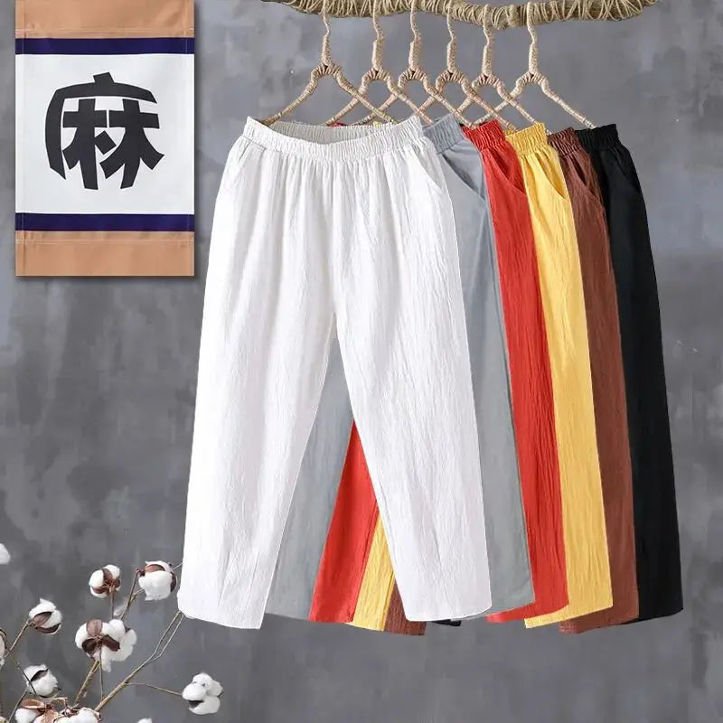 Woman Pants Casual Cotton Linen LOOSE Solid Ankle-Length Pants Elastic Waist