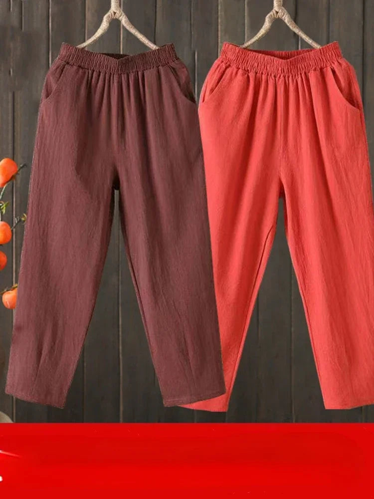 Woman Pants Casual Cotton Linen LOOSE Solid Ankle-Length Pants Elastic Waist