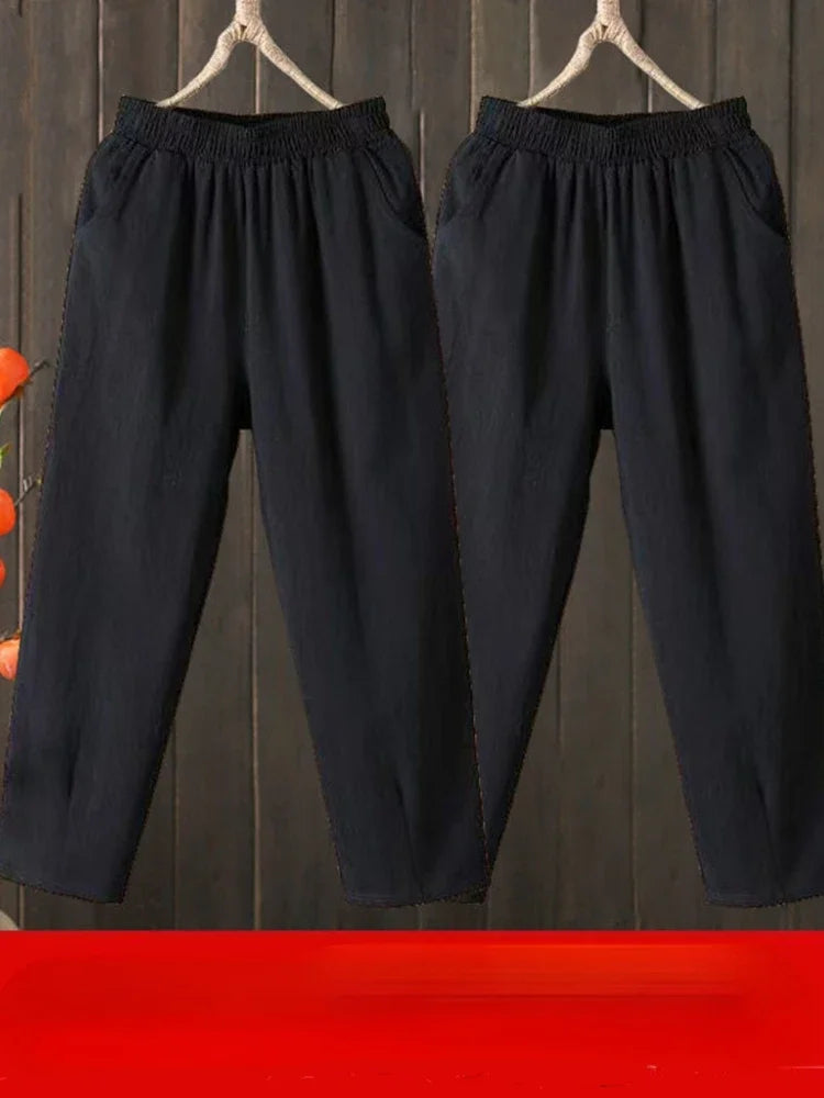 Woman Pants Casual Cotton Linen LOOSE Solid Ankle-Length Pants Elastic Waist