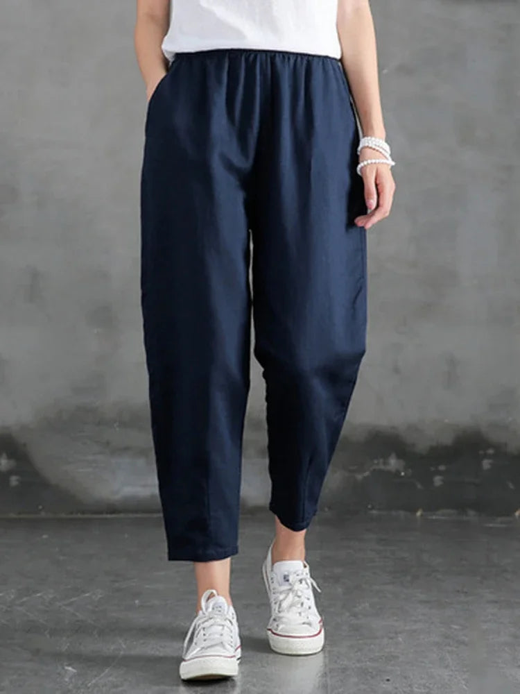 Woman Pants Casual Cotton Linen LOOSE Solid Ankle-Length Pants Elastic Waist