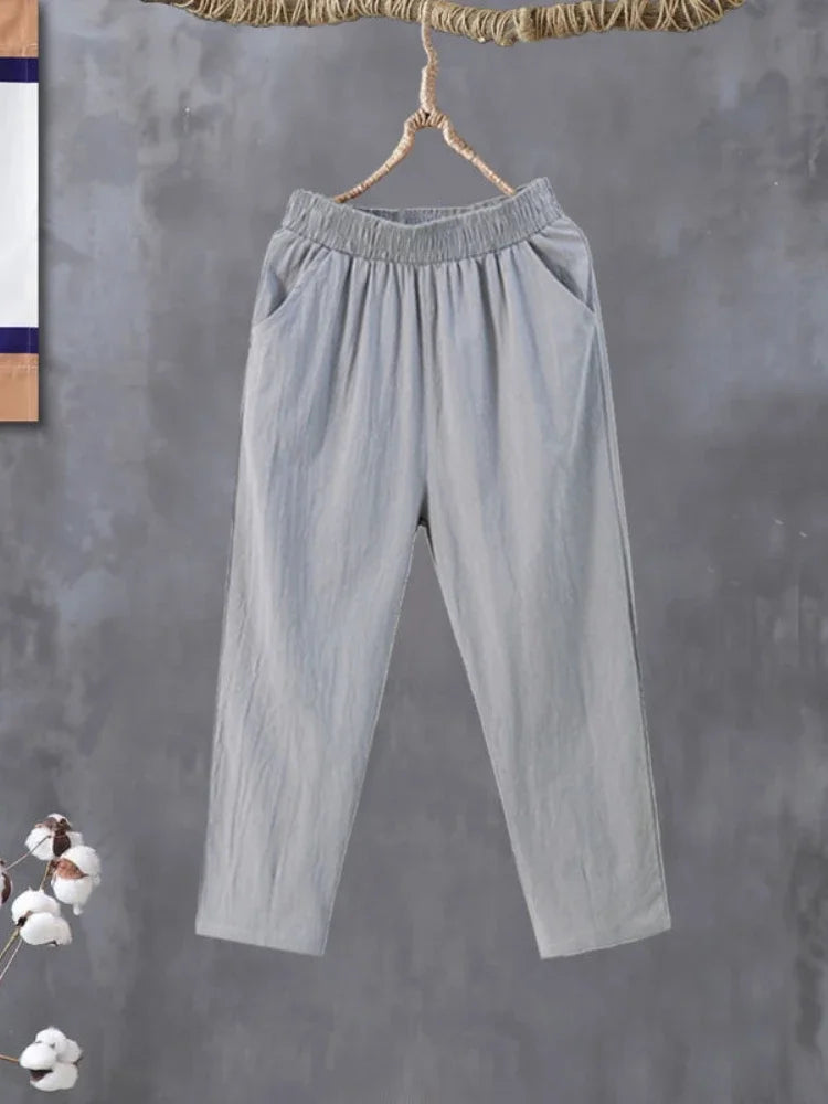 Woman Pants Casual Cotton Linen LOOSE Solid Ankle-Length Pants Elastic Waist