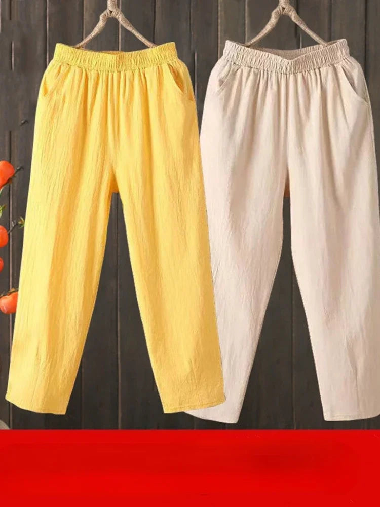 Woman Pants Casual Cotton Linen LOOSE Solid Ankle-Length Pants Elastic Waist