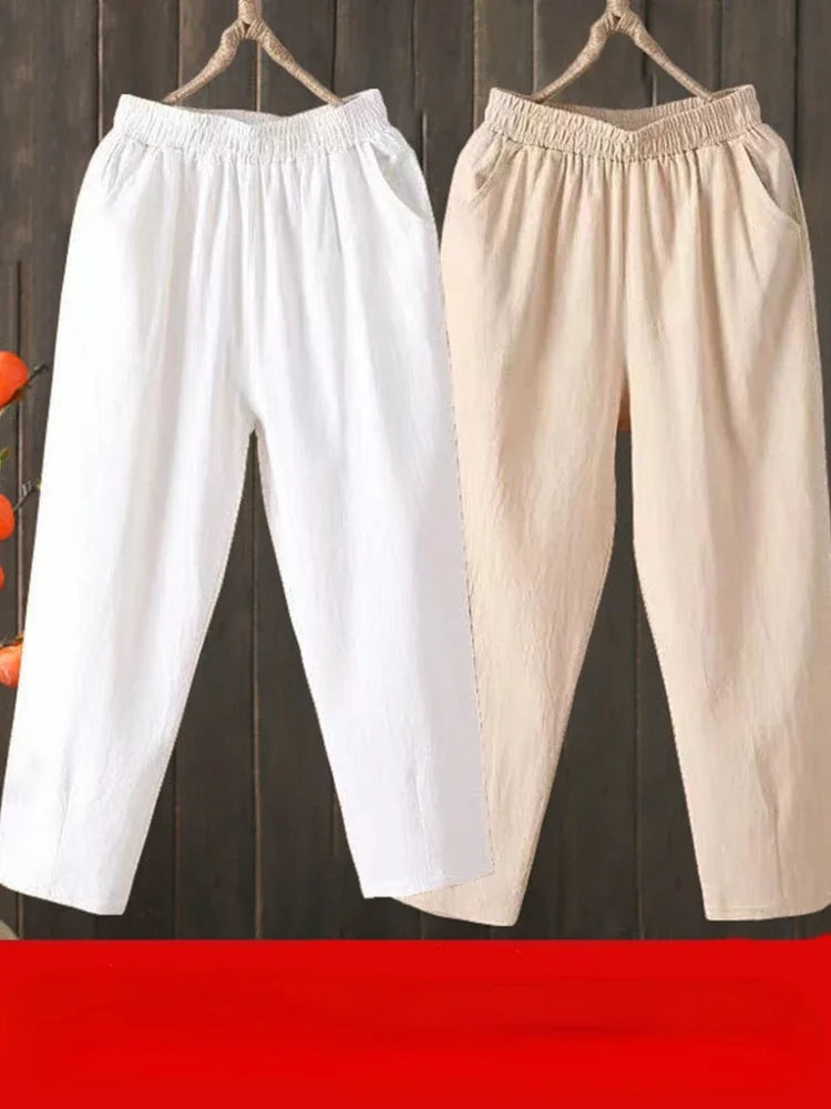 Woman Pants Casual Cotton Linen LOOSE Solid Ankle-Length Pants Elastic Waist