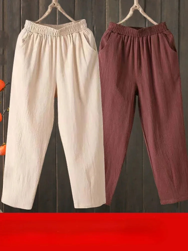 Woman Pants Casual Cotton Linen LOOSE Solid Ankle-Length Pants Elastic Waist