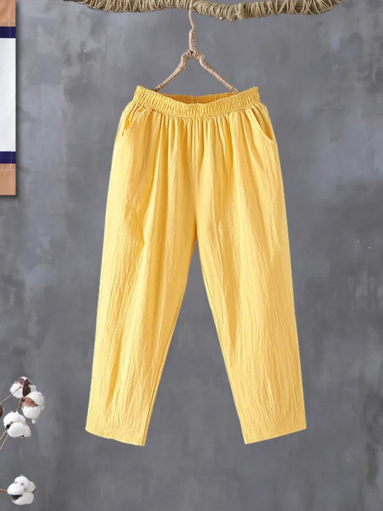 Woman Pants Casual Cotton Linen LOOSE Solid Ankle-Length Pants Elastic Waist