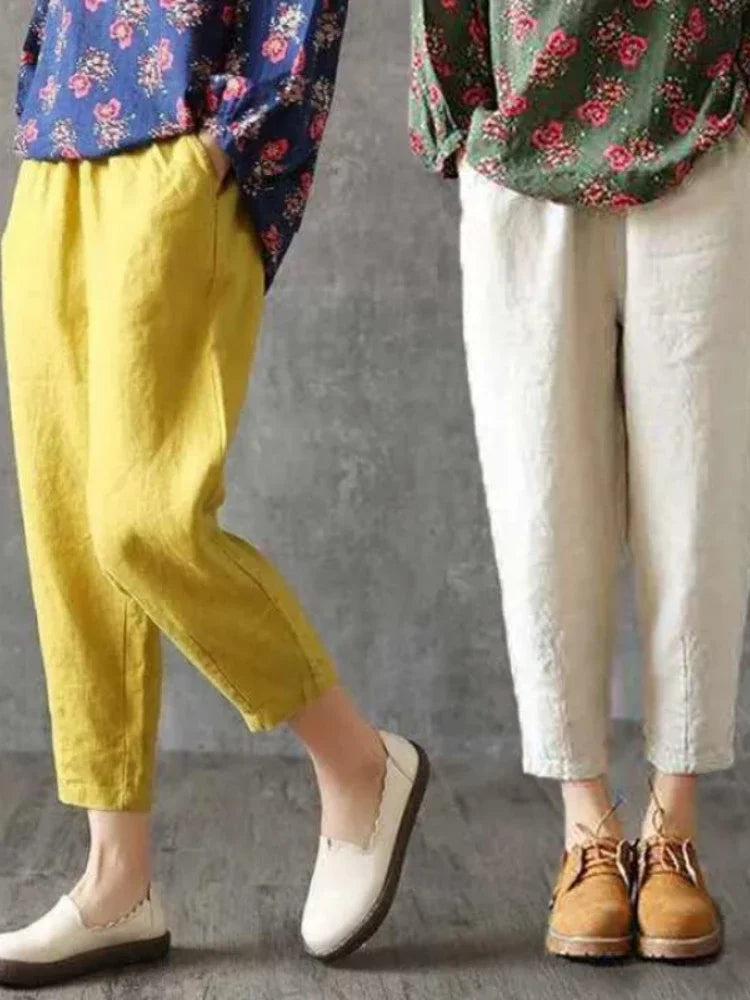Woman Pants Casual Cotton Linen LOOSE Solid Ankle-Length Pants Elastic Waist