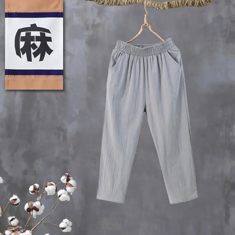 Woman Pants Casual Cotton Linen LOOSE Solid Ankle-Length Pants Elastic Waist