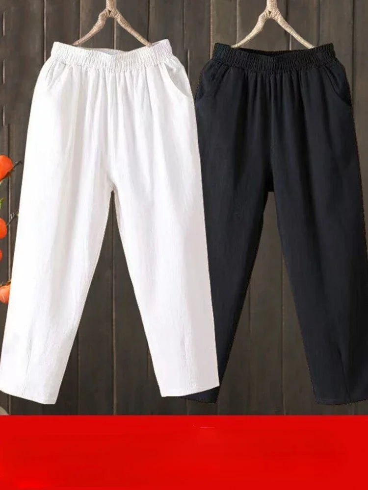 Woman Pants Casual Cotton Linen LOOSE Solid Ankle-Length Pants Elastic Waist