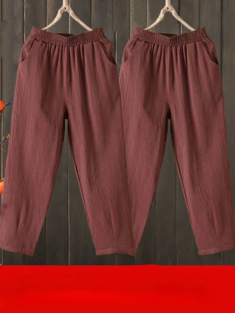 Woman Pants Casual Cotton Linen LOOSE Solid Ankle-Length Pants Elastic Waist