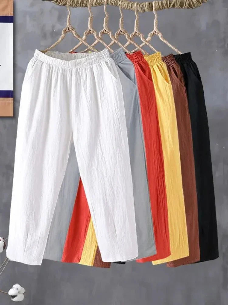 Woman Pants Casual Cotton Linen LOOSE Solid Ankle-Length Pants Elastic Waist
