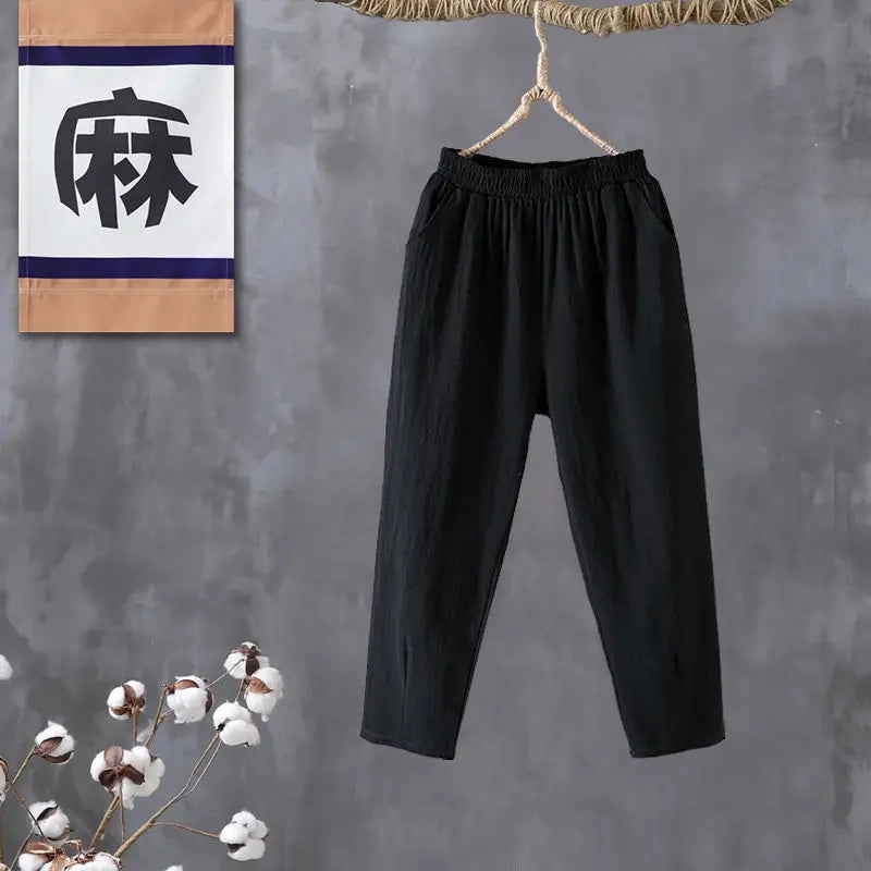 Woman Pants Casual Cotton Linen LOOSE Solid Ankle-Length Pants Elastic Waist