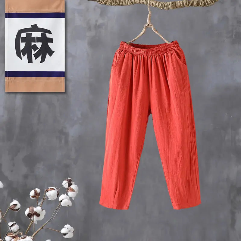 Woman Pants Casual Cotton Linen LOOSE Solid Ankle-Length Pants Elastic Waist