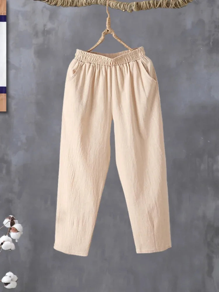 Woman Pants Casual Cotton Linen LOOSE Solid Ankle-Length Pants Elastic Waist