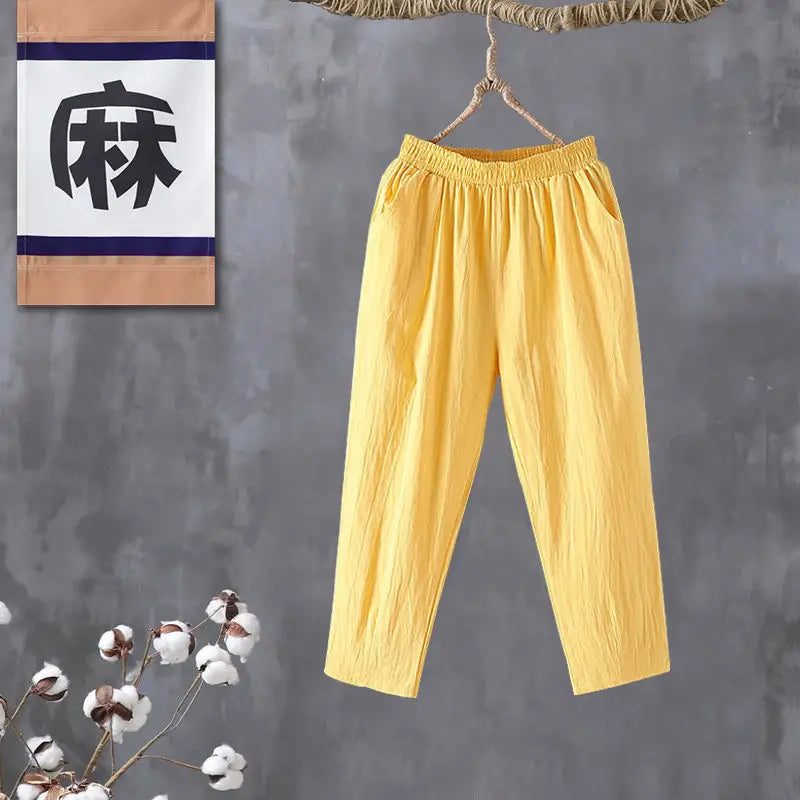 Woman Pants Casual Cotton Linen LOOSE Solid Ankle-Length Pants Elastic Waist